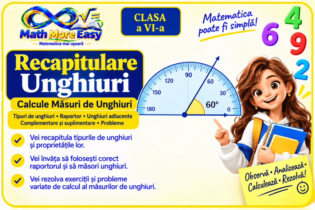 Recapitulare unghiuri și calcule cu măsuri de unghiuri pentru clasa a VI-a