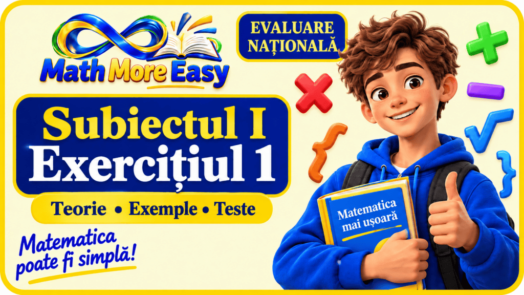 Elev cu o carte deschisă, lângă titlul „Subiectul I, Exercițiul 1 – Calcule cu numere reale”.