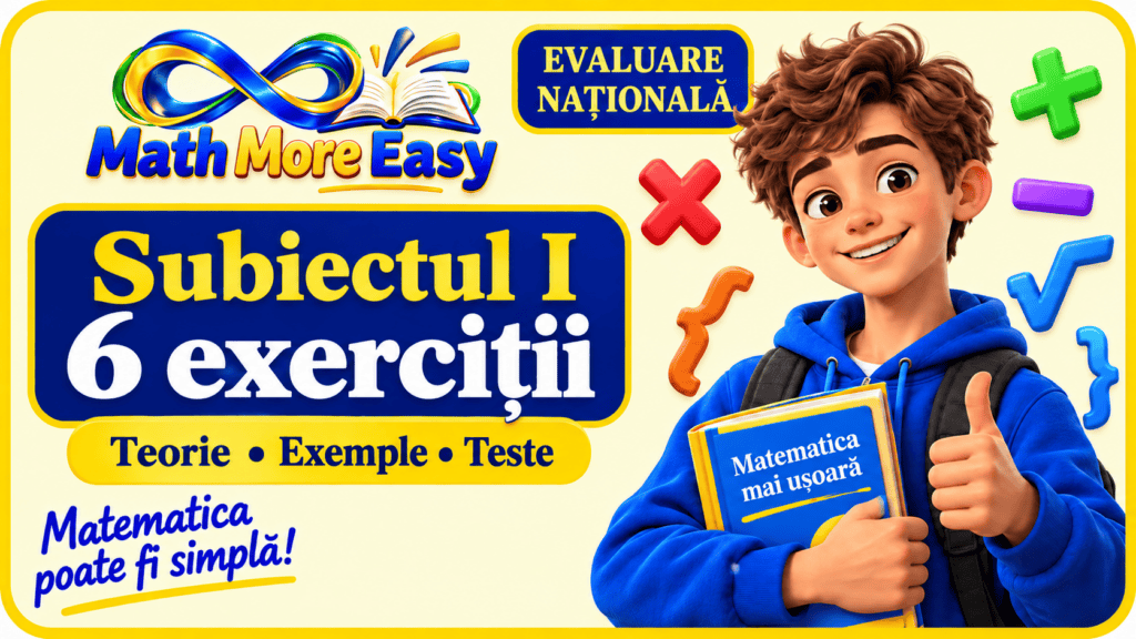 Copertă Math More Easy pentru Subiectul I Evaluare Națională, cu un elev, simboluri matematice și textul „6 exerciții”.